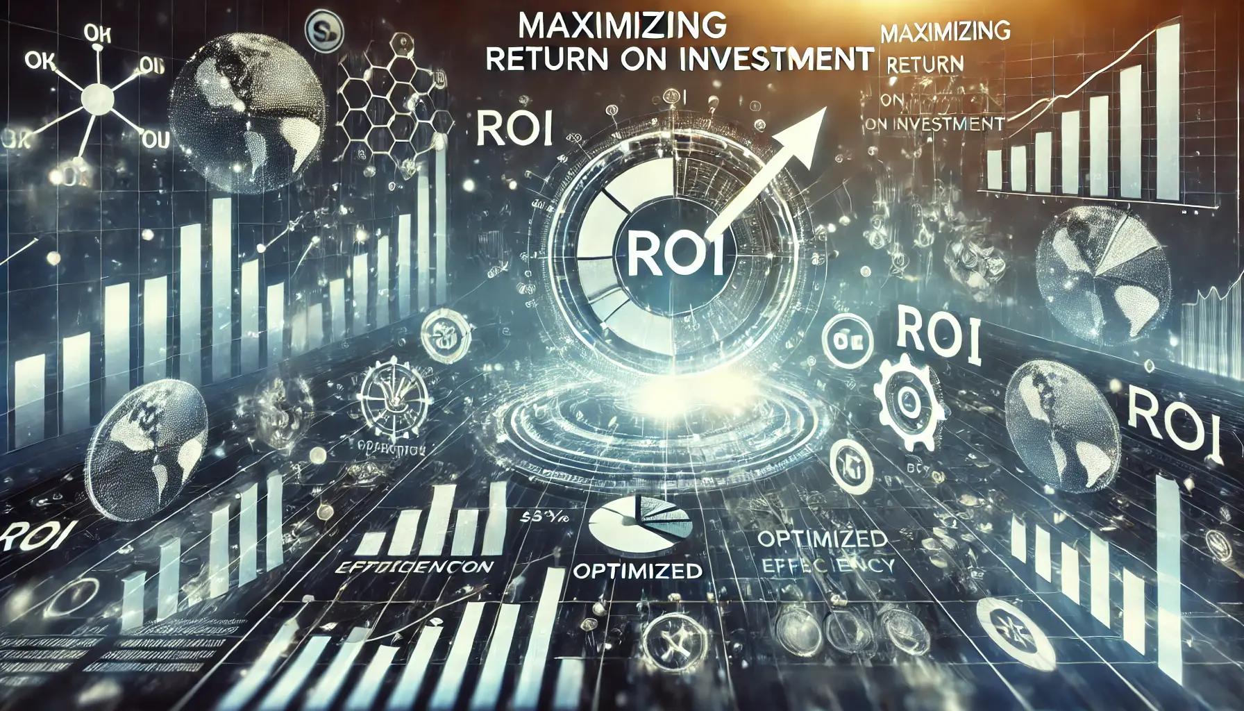 A visual representation of upward-trending graphs, financial growth indicators, and optimized data flows symbolizing maximizing ROI in digital advertising.