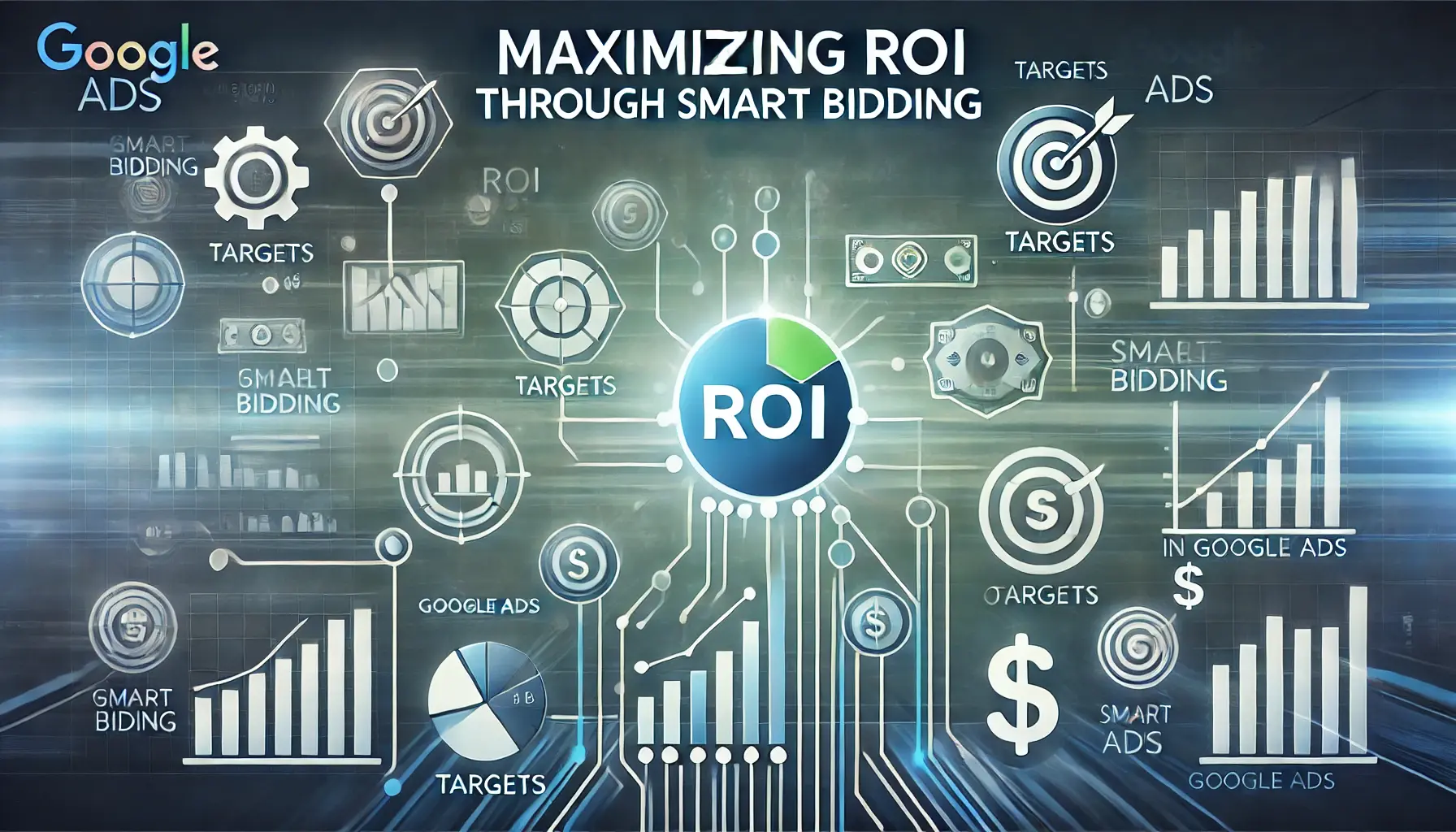 A visual representation of maximizing ROI through smart bidding with interconnected graphs, targets, and currency symbols.