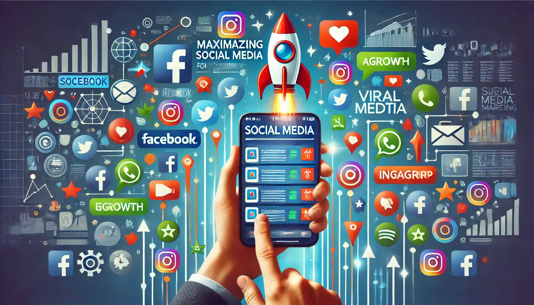 Illustration representing the use of social media for app promotion, featuring a mobile device with a social media feed, surrounded by social media icons and elements like rockets and thumbs-up.