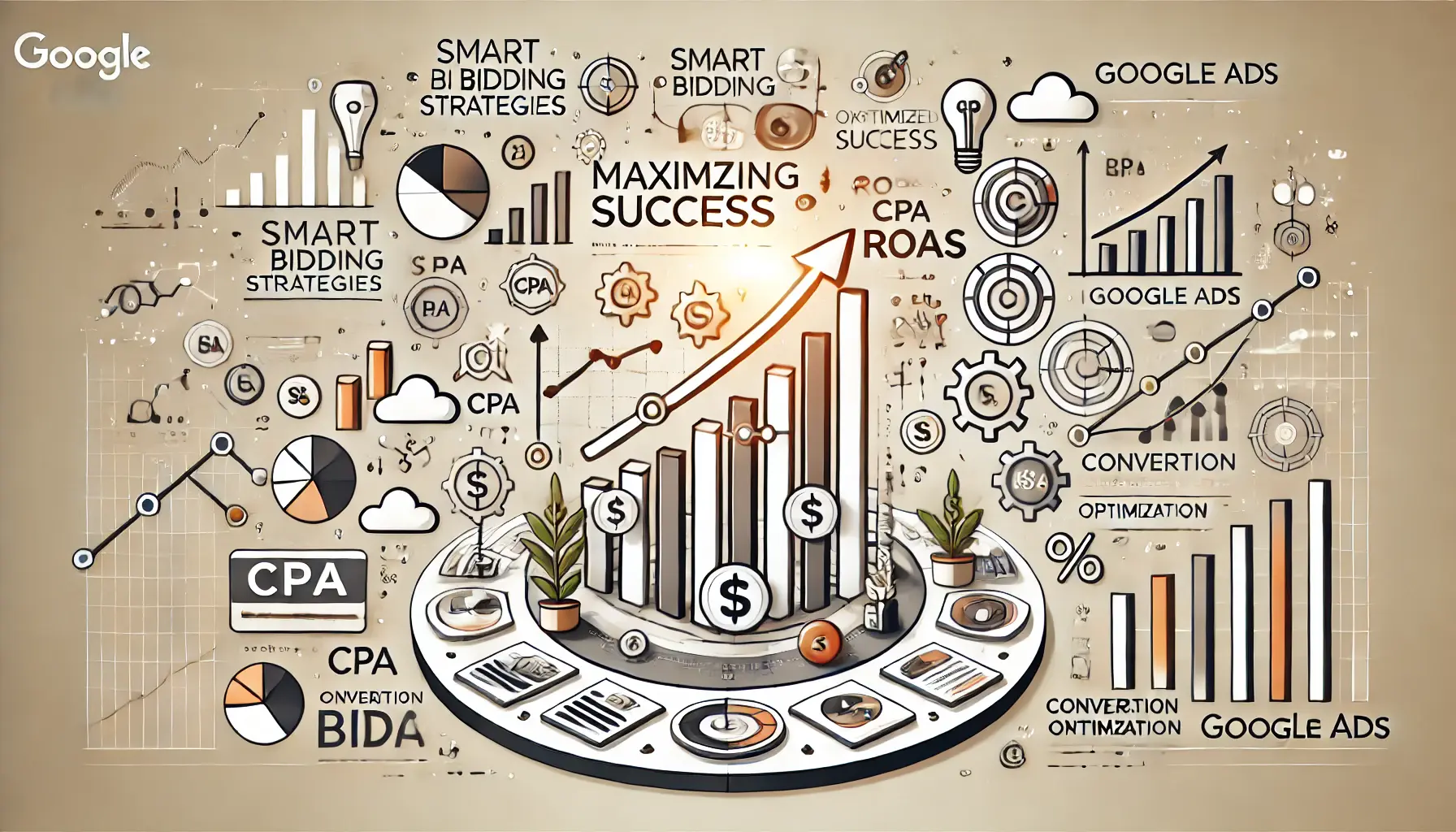 Illustration of maximizing success with Smart Bidding strategies in Google Ads, showing growth graphs, increasing conversions, and optimized bid strategies.