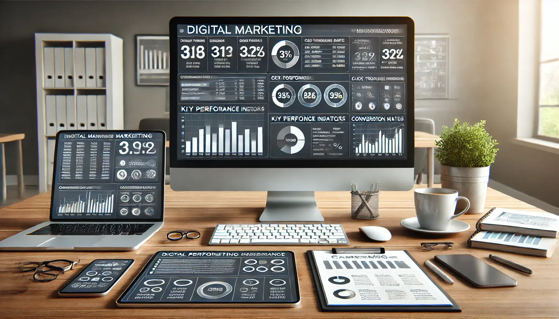 Digital marketing workspace showing analytics with graphs, charts, and KPIs such as click-through rate (CTR) and conversion rates on a computer screen.