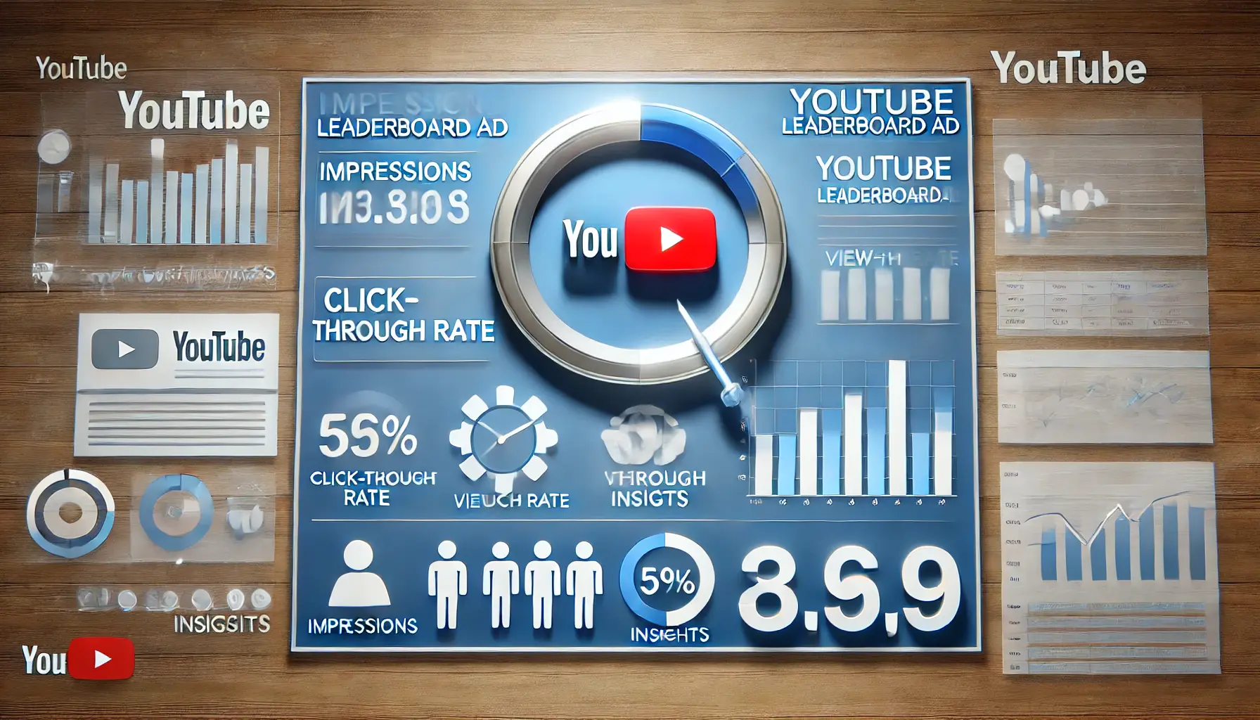 Image showing an analytics dashboard with metrics like impressions, CTR, and engagement rate for YouTube Leaderboard ad performance analysis.