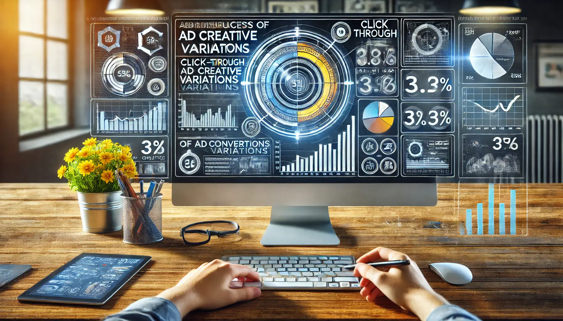 A visual representation of measuring and analyzing the success of ad creative variations in digital marketing.