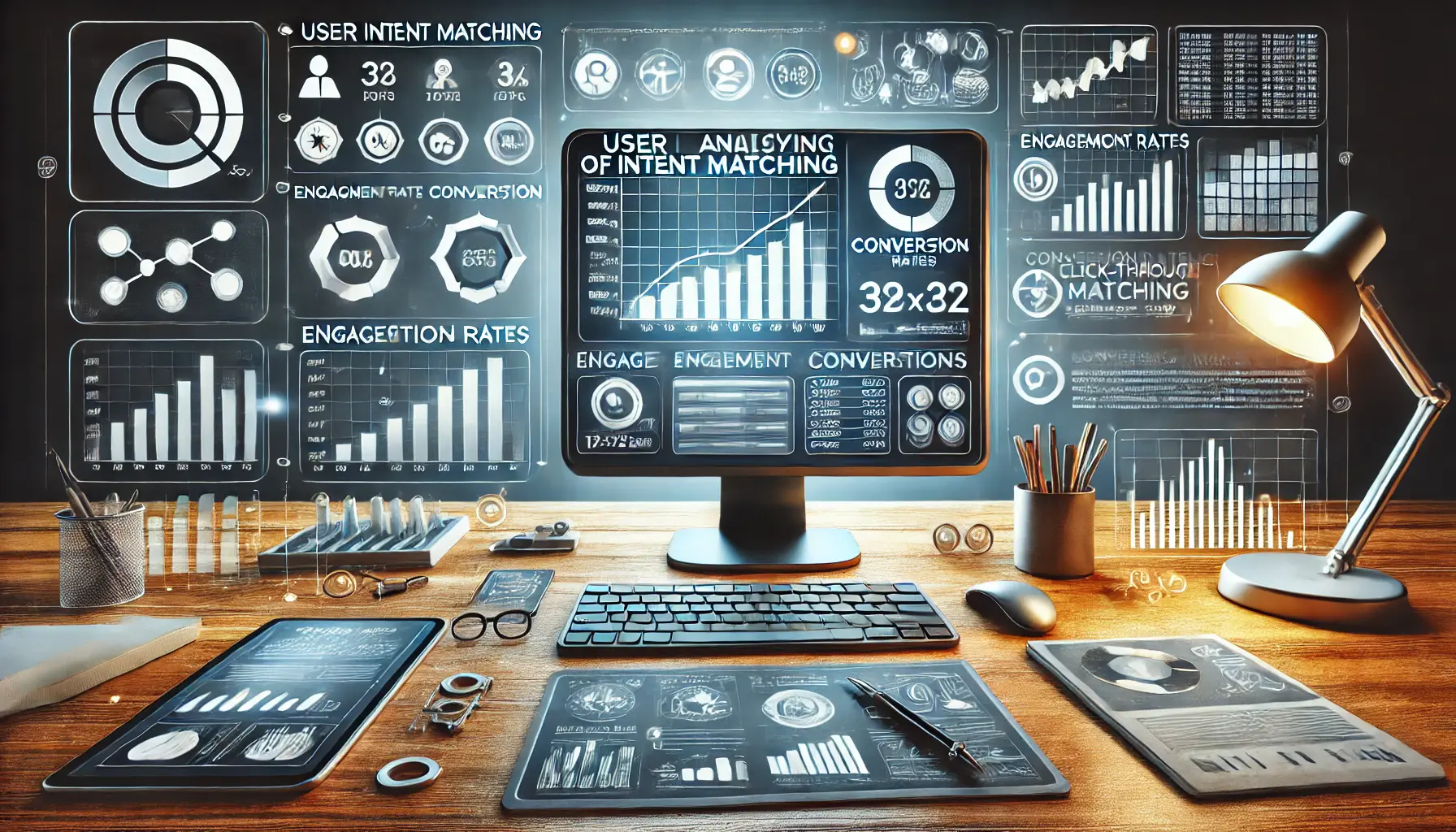 Workspace with computer displaying analytics dashboard with metrics like engagement rates and conversion rates.