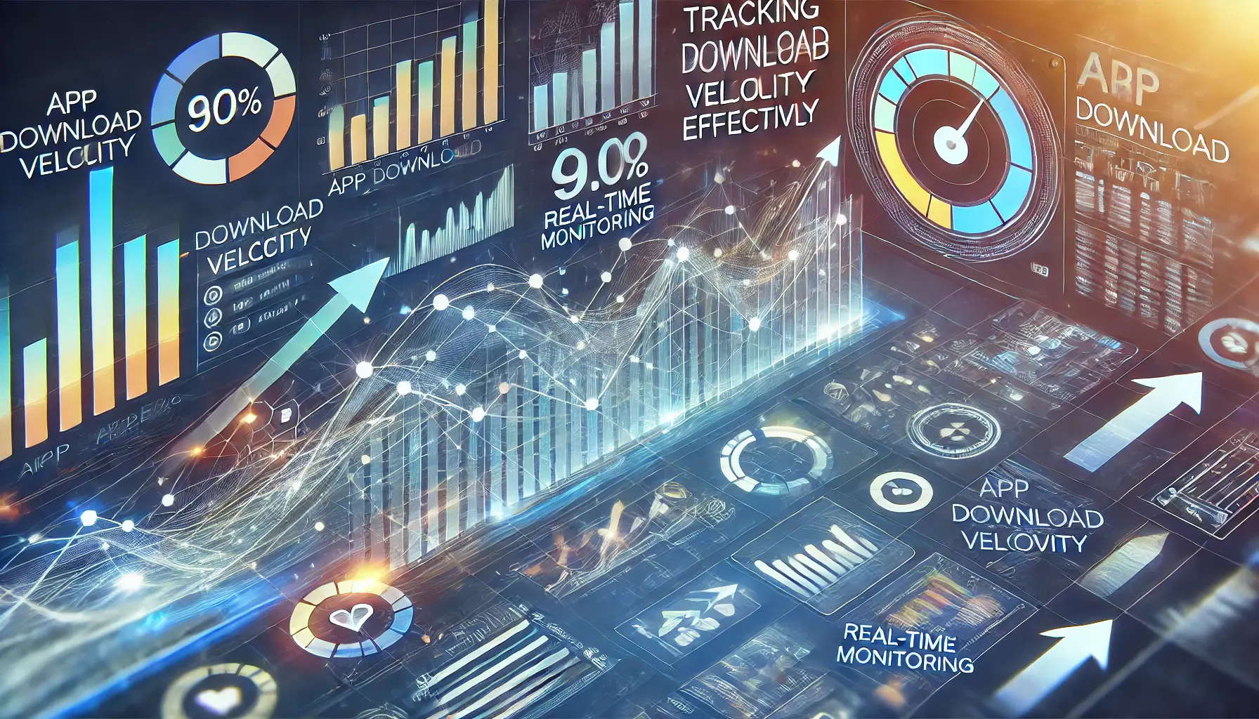 Abstract visualization of data analytics and app performance metrics, with progress bars and graphs representing the monitoring of download velocity.