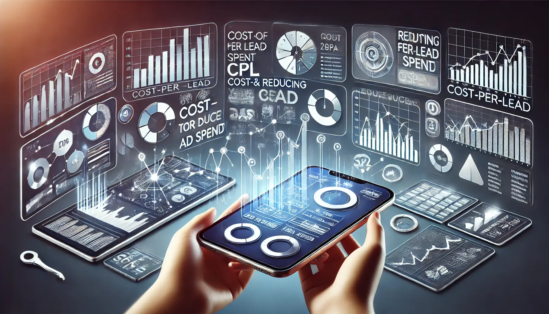 A digital marketing scene showing devices with analytical tools like graphs and dashboards tracking lead generation costs and performance metrics.