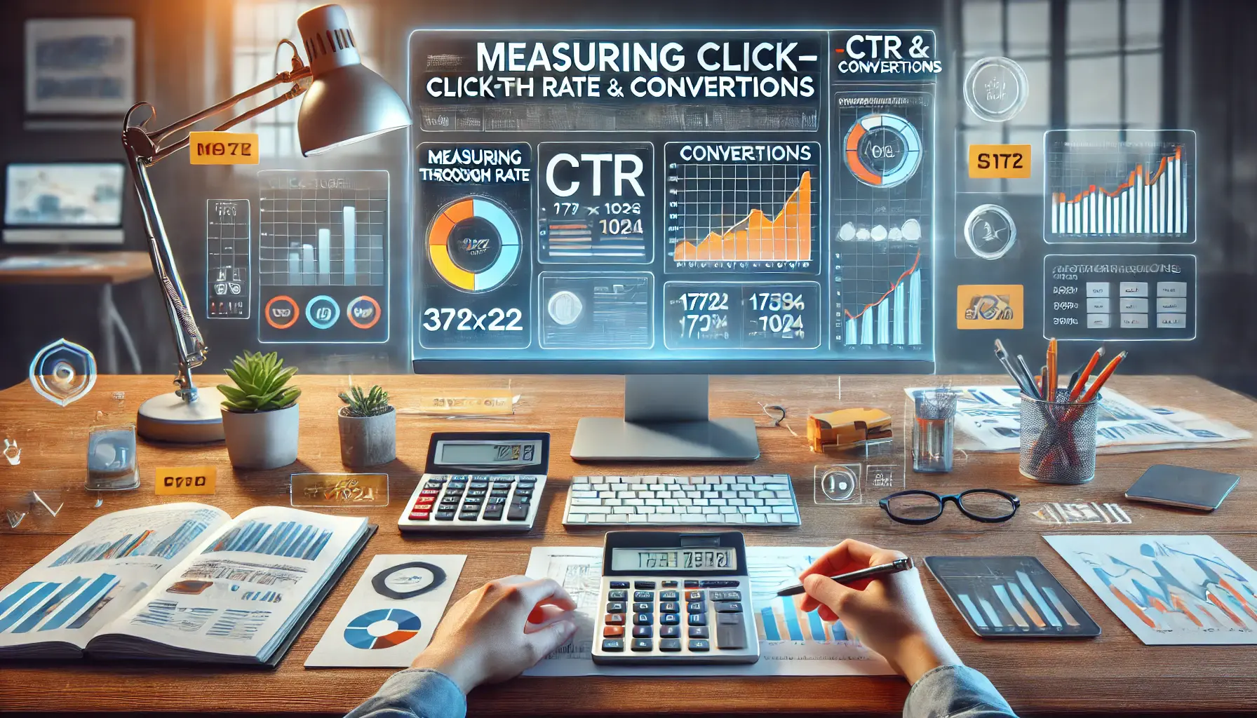 Image depicting a digital workspace with a computer showing analytics related to Click-Through Rate (CTR) and conversions, including graphs and charts.