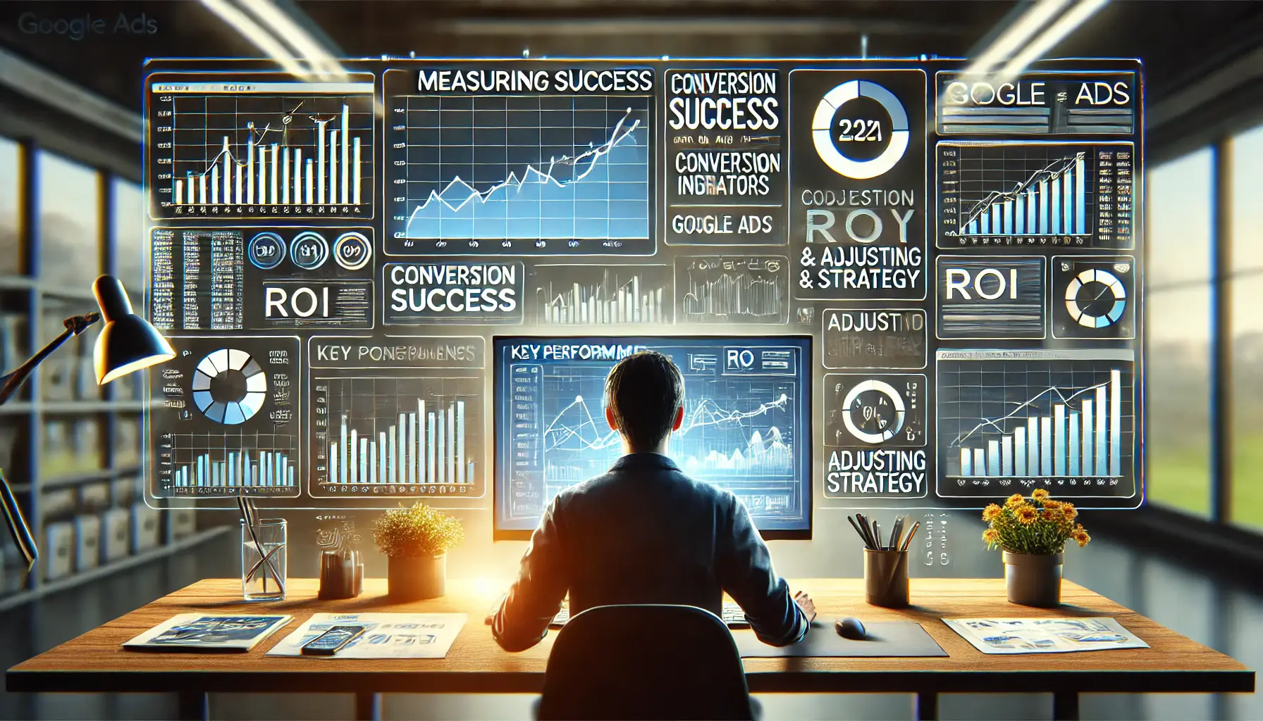 A visual representation of measuring success and adjusting strategy, showing a person analyzing performance data on a computer.