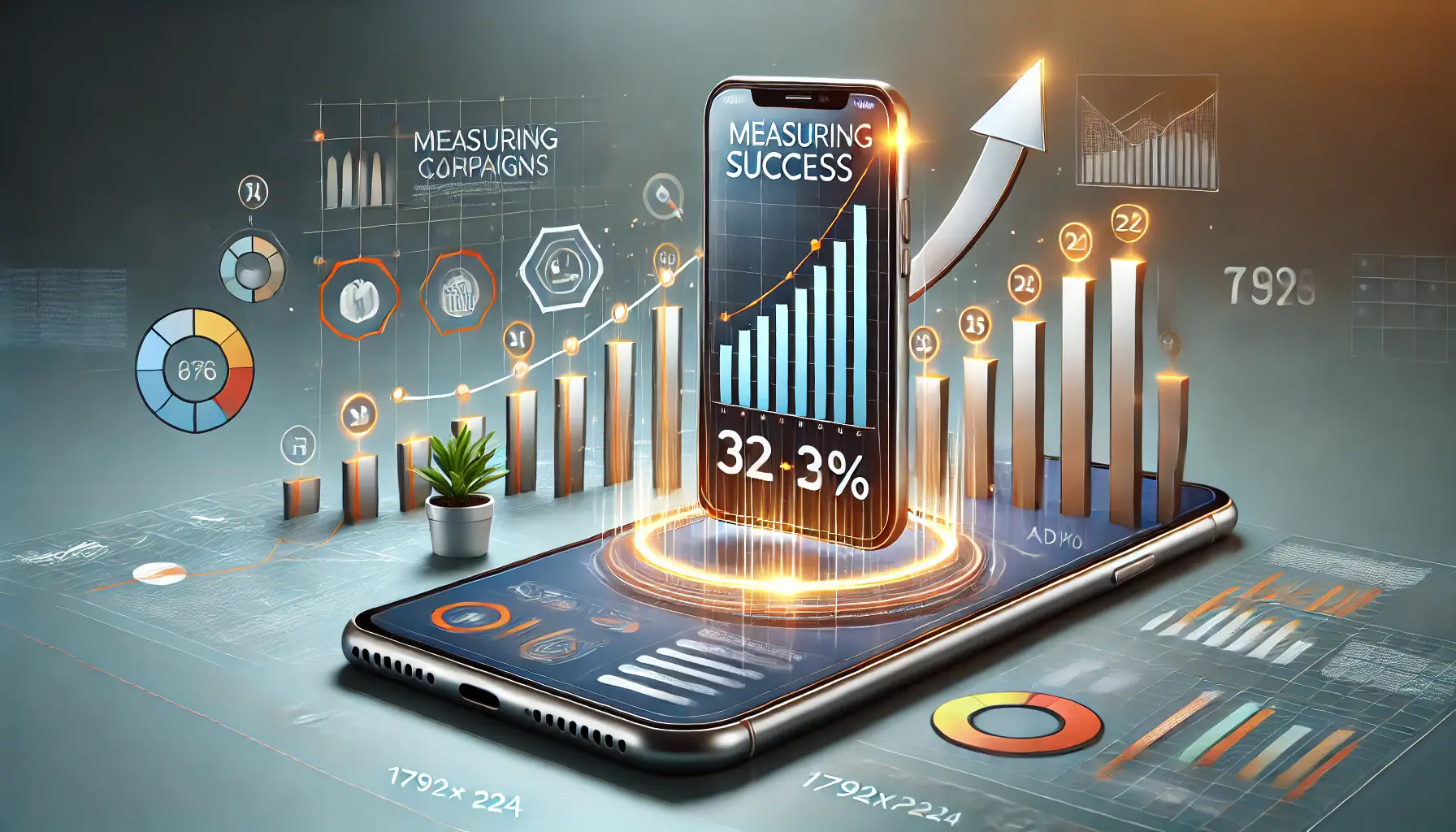 Smartphone displaying app ad with background of bar charts, arrows, and growth symbols representing campaign scaling