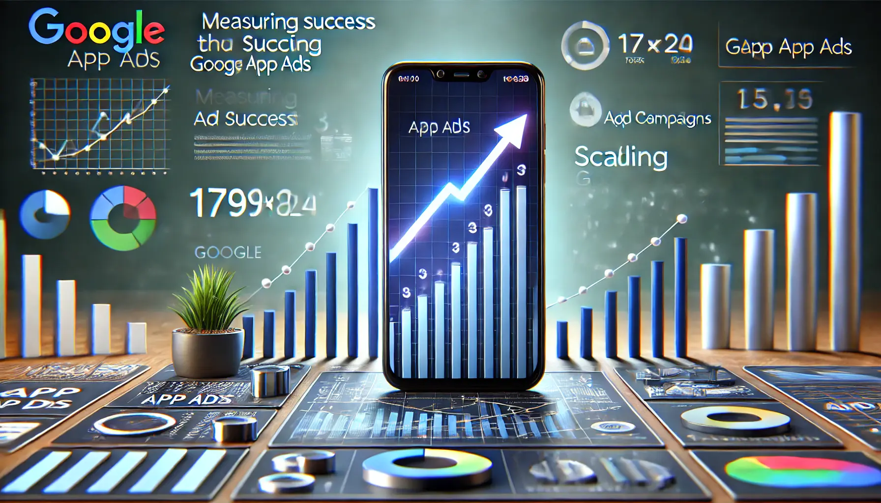 Smartphone displaying app ad with graphs and upward-trending arrows symbolizing campaign growth