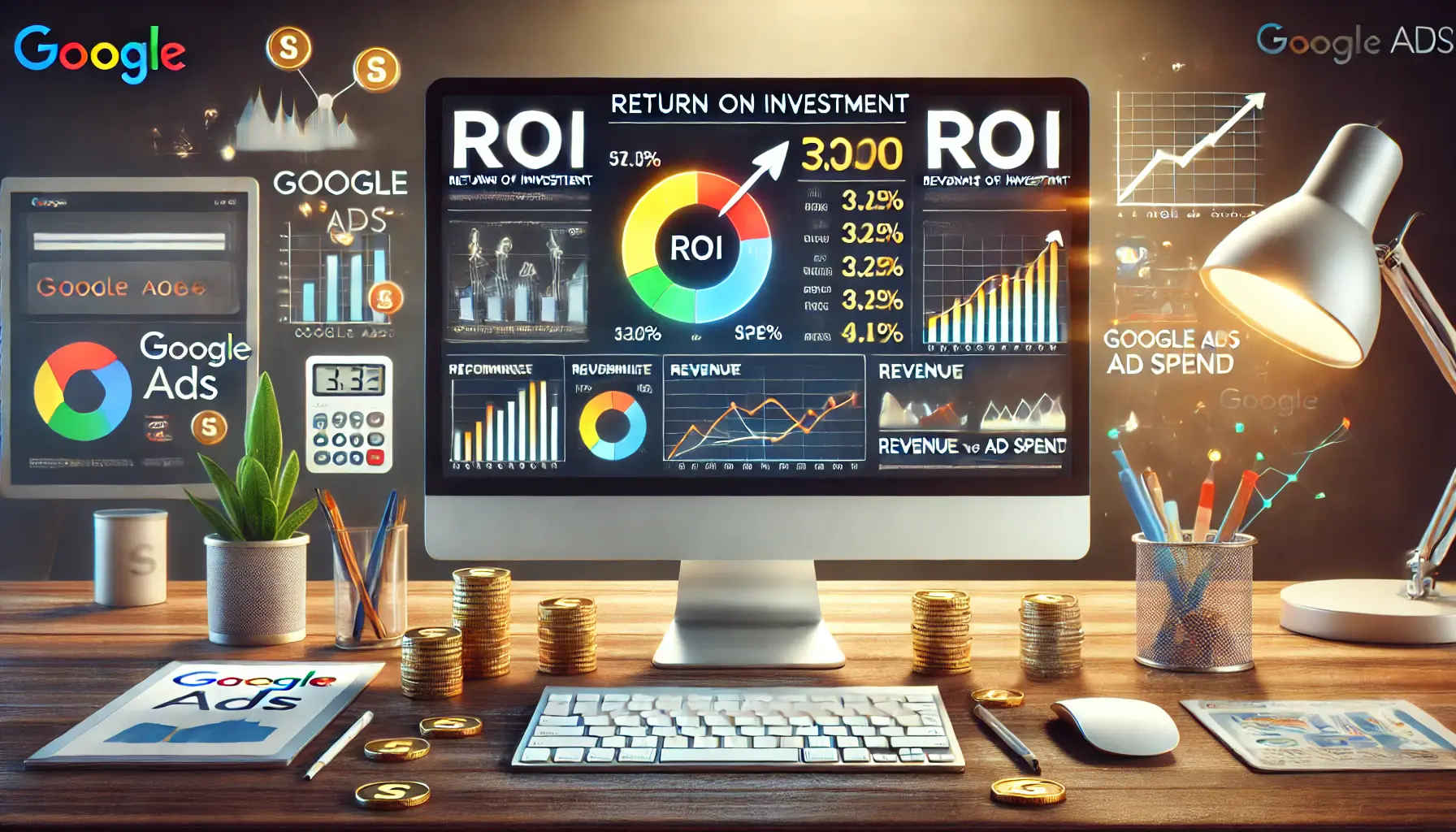 A digital marketing workspace displaying ROI calculations with charts and metrics comparing revenue versus ad spend in Google Ads campaigns.