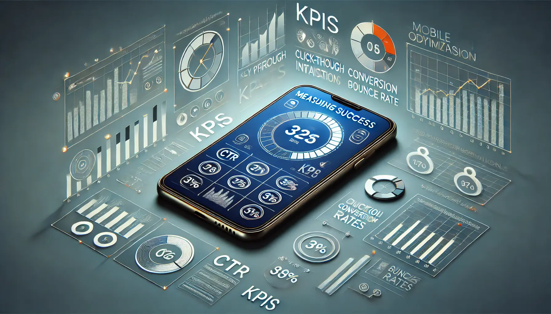 Smartphone displaying a dashboard with key performance indicators like CTR, conversion rates, and bounce rates, symbolizing mobile optimization KPIs