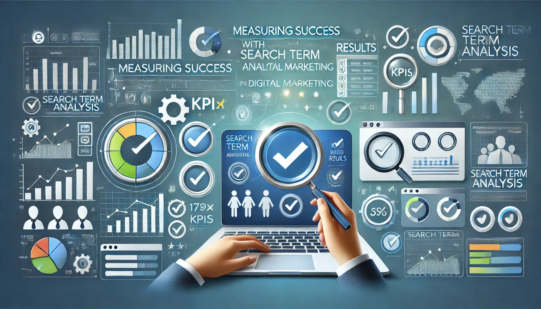 Visual representation of measuring success with search term analysis featuring performance dashboards, KPIs, and graphs