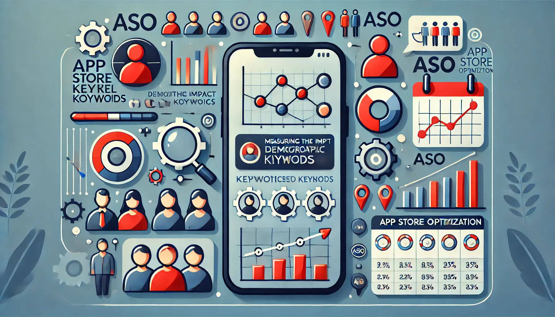 Image illustrating the analysis of the impact of demographic-based keywords in ASO, featuring a mobile app interface with keyword performance analytics, demographic icons, and data charts showing the effectiveness of these keywords.