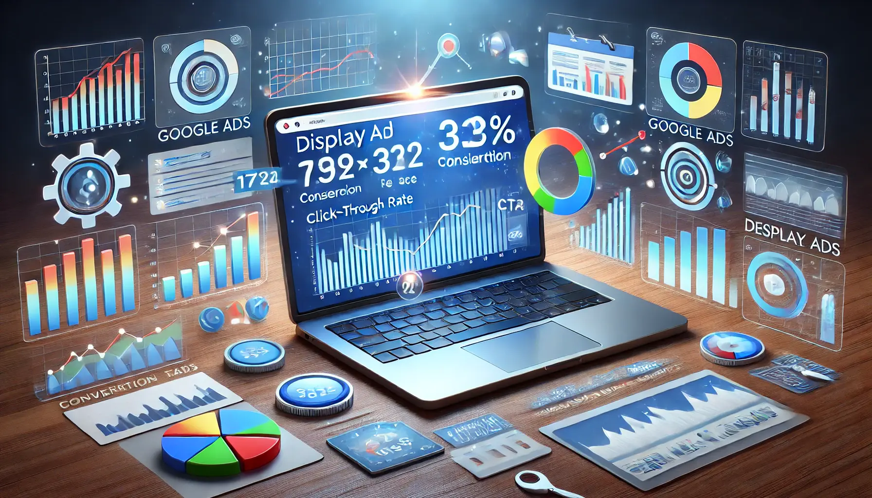 Digital marketing scene with a laptop displaying a Google Ads performance dashboard, showing metrics like CTR, conversion rate, and engagement metrics, surrounded by graphs and pie charts.