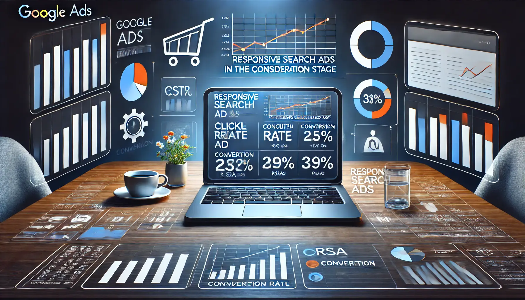 Digital marketing scene with a laptop displaying a Google Ads dashboard showing performance metrics like CTR, conversion rate, and engagement data for RSAs, surrounded by graphs and engagement icons.