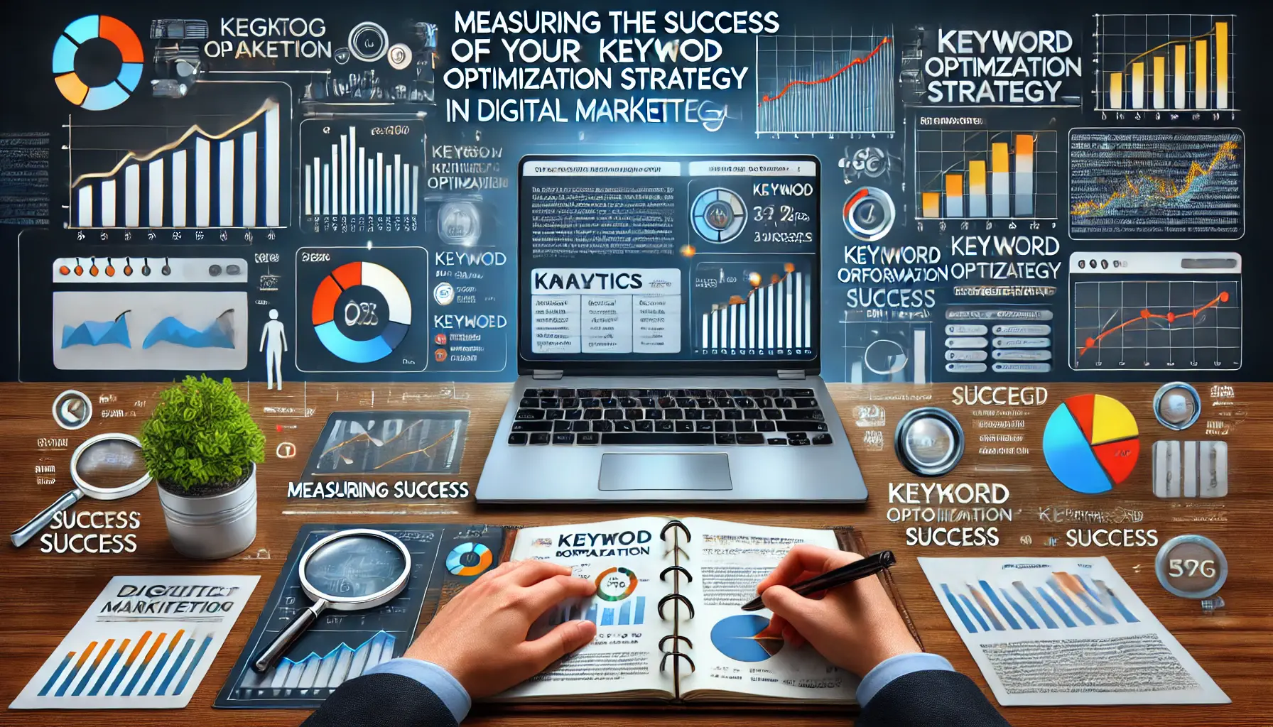 A digital marketing professional analyzing keyword performance metrics on a laptop.