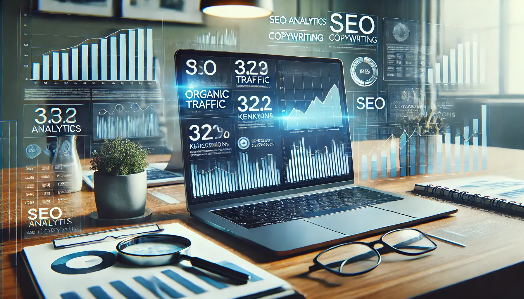 A digital workspace showing an SEO analytics dashboard displaying metrics like organic traffic, keyword rankings, and user engagement, with charts highlighting performance trends.