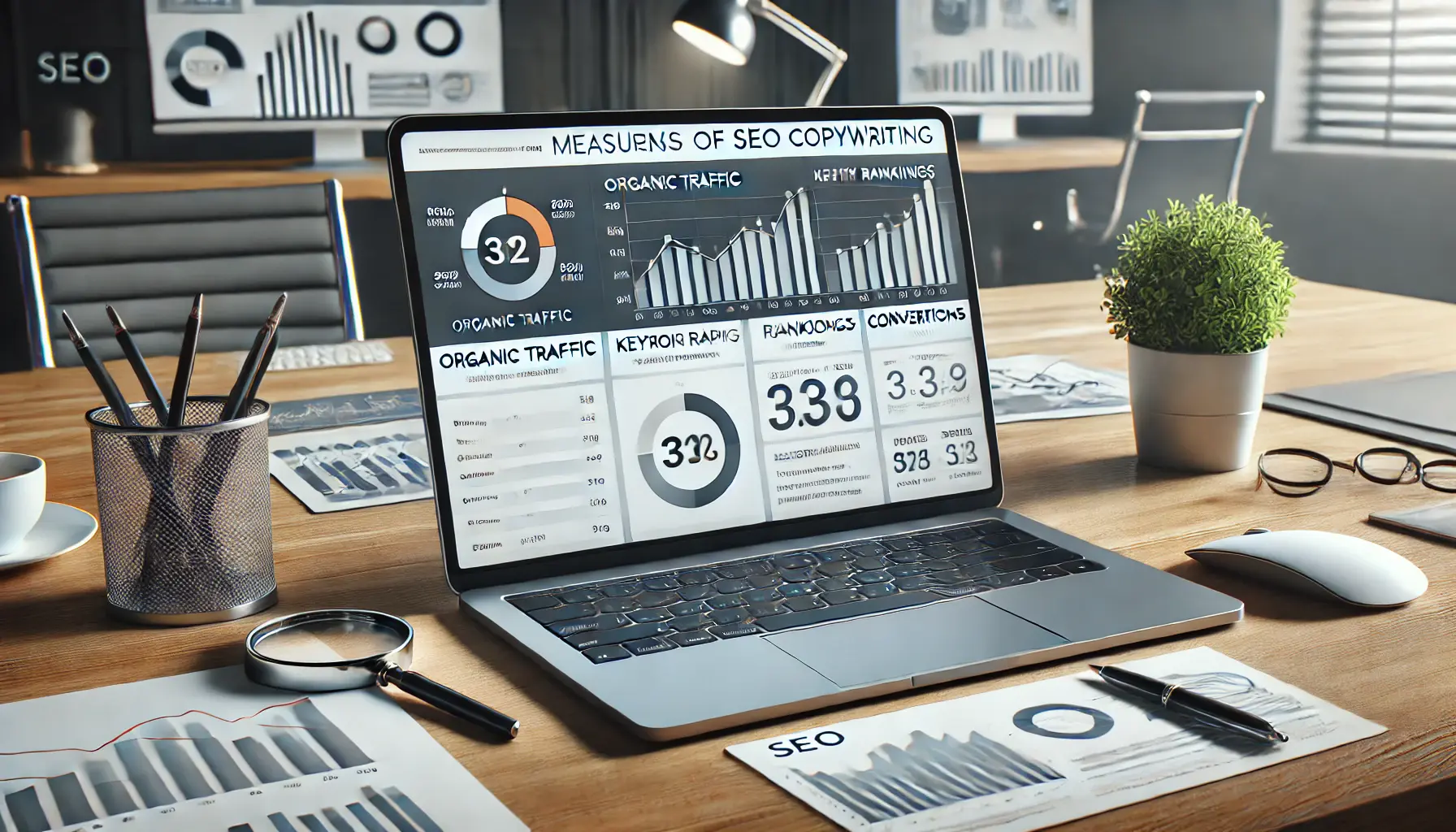 A digital workspace displaying an analytics dashboard with key SEO metrics like organic traffic, keyword rankings, and conversions, surrounded by charts showing performance trends.