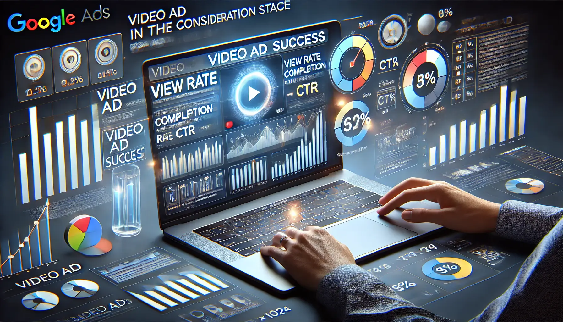 Digital marketing scene showing a laptop with a performance analytics dashboard displaying metrics like view rate, completion rate, and CTR, surrounded by graphs and engagement icons.