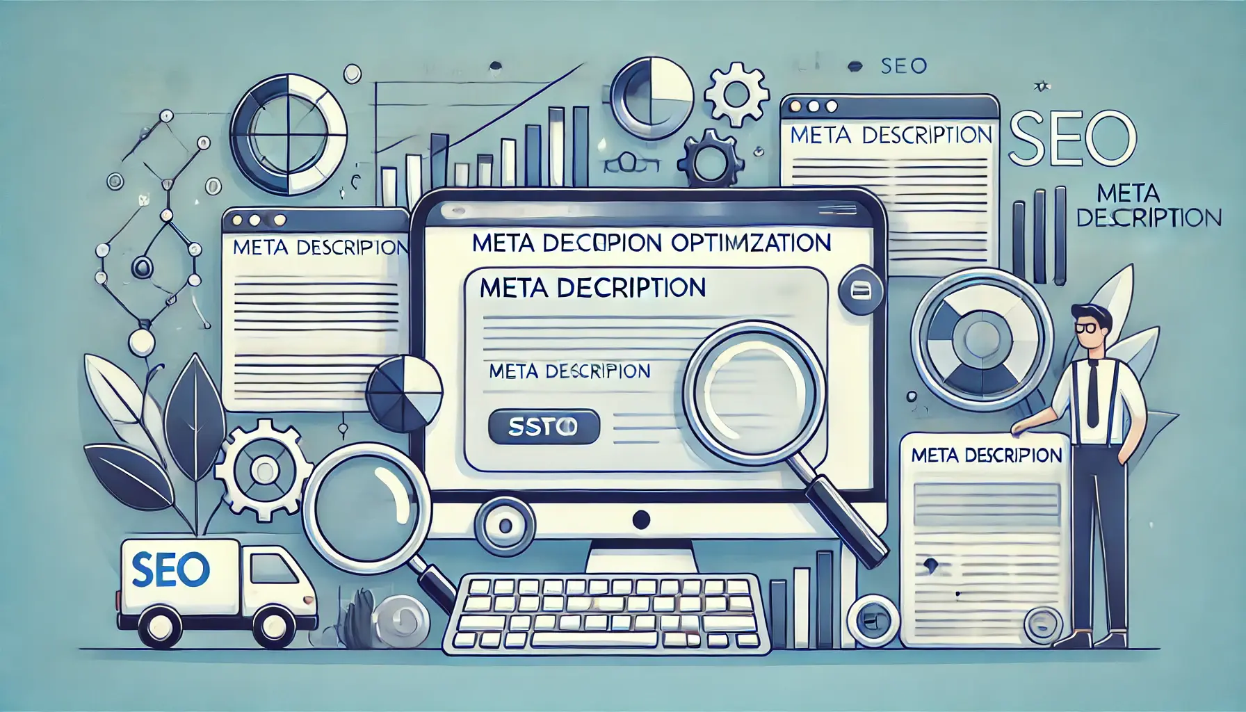 A computer screen showing a webpage with the meta description section being edited for SEO, with elements like SEO charts, magnifying glasses, and search engine results symbols surrounding the screen.