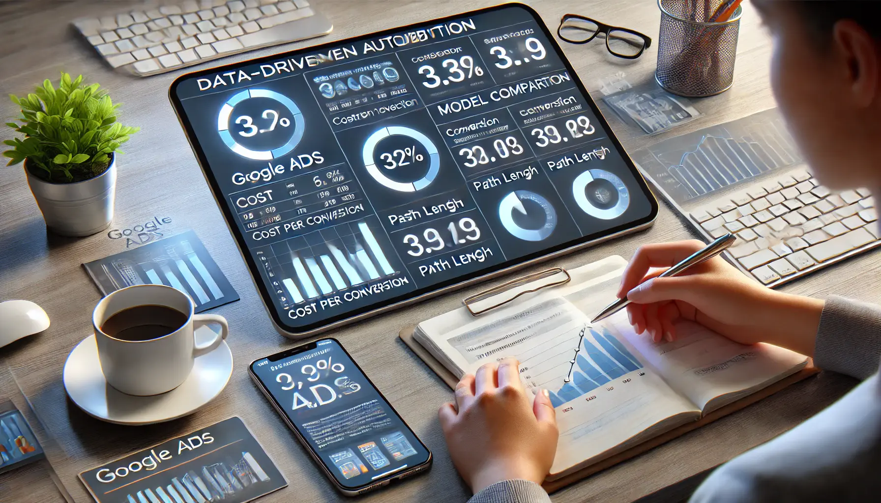 Digital marketer analyzing key metrics on a Google Ads dashboard with focus on data-driven attribution metrics like conversion rate and path length.