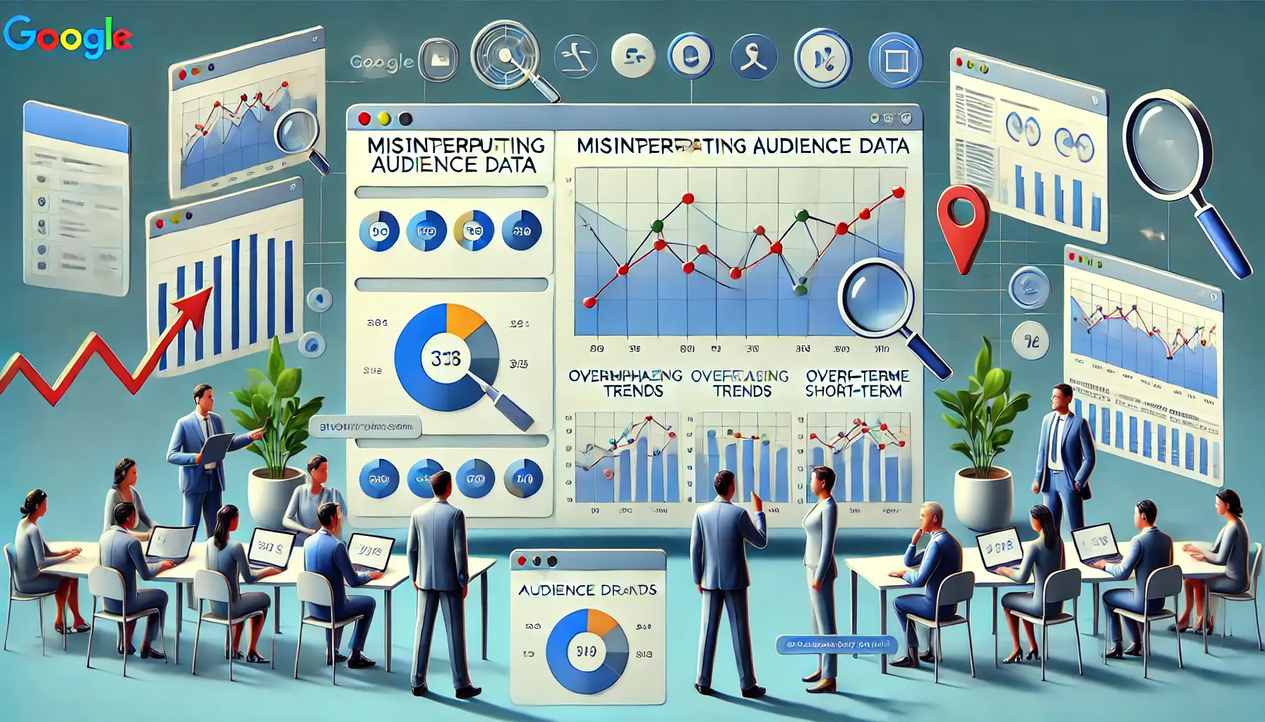 A professional image illustrating misinterpretation of audience data in Google Ads, with confusing graphs and incorrect data analysis.