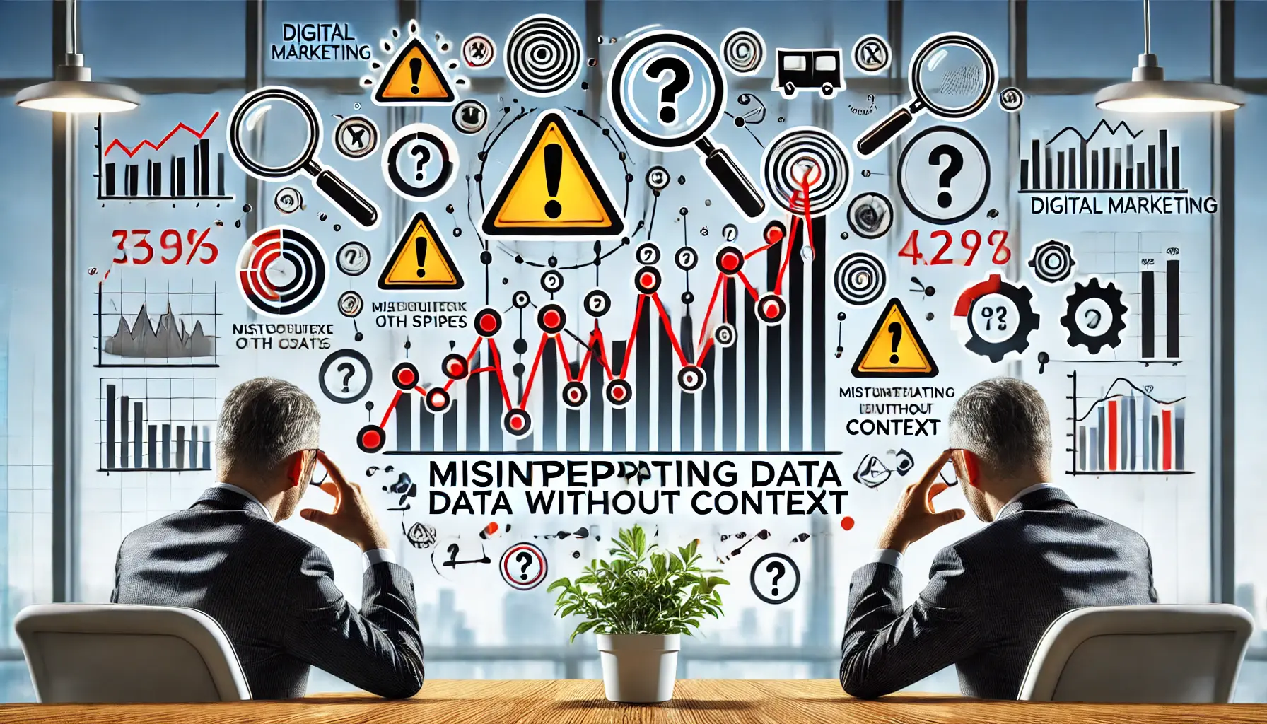 An illustrative image depicting misinterpreting data without context in digital marketing analysis, featuring exaggerated graphs and warning signs.