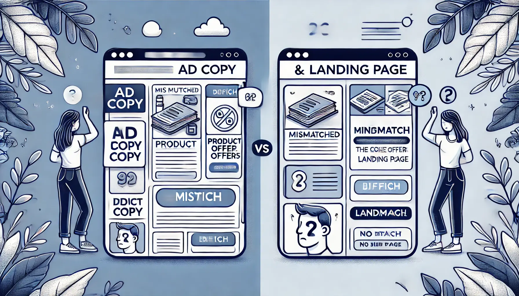 Illustration of a digital ad and landing page with inconsistent content, leading to user confusion.