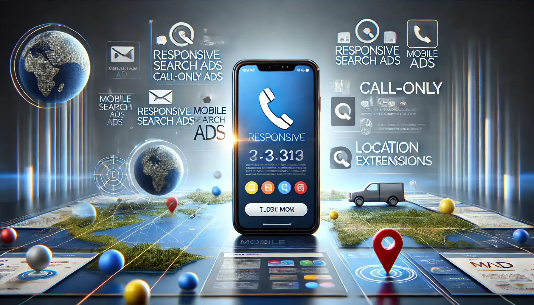 A smartphone displaying mobile-friendly ad formats like responsive search ads, call-only ads, and location extensions, represented by icons like a phone, map pin, and responsive layout