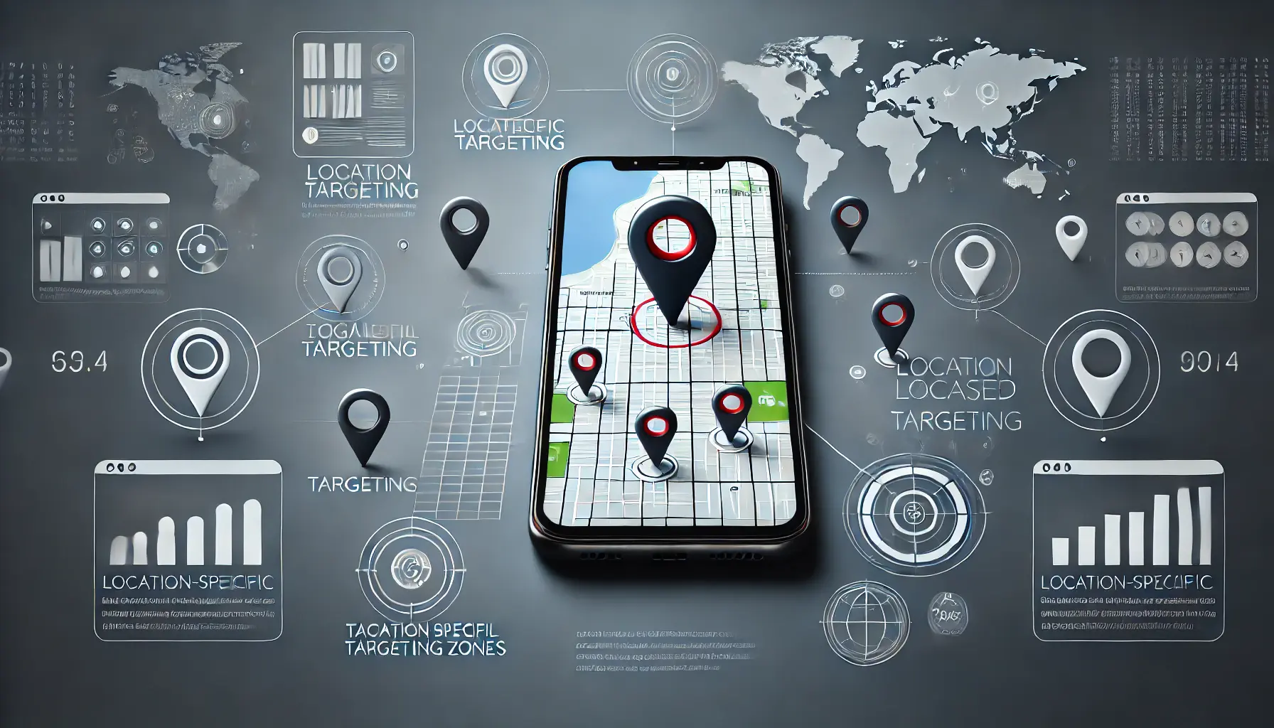 Smartphone displaying a map with multiple location pins, representing targeted geographical areas for mobile ads