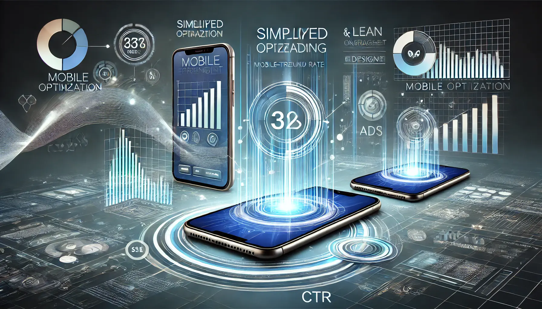 Smartphones with mobile-friendly ad designs and data flow elements representing mobile optimization in digital advertising