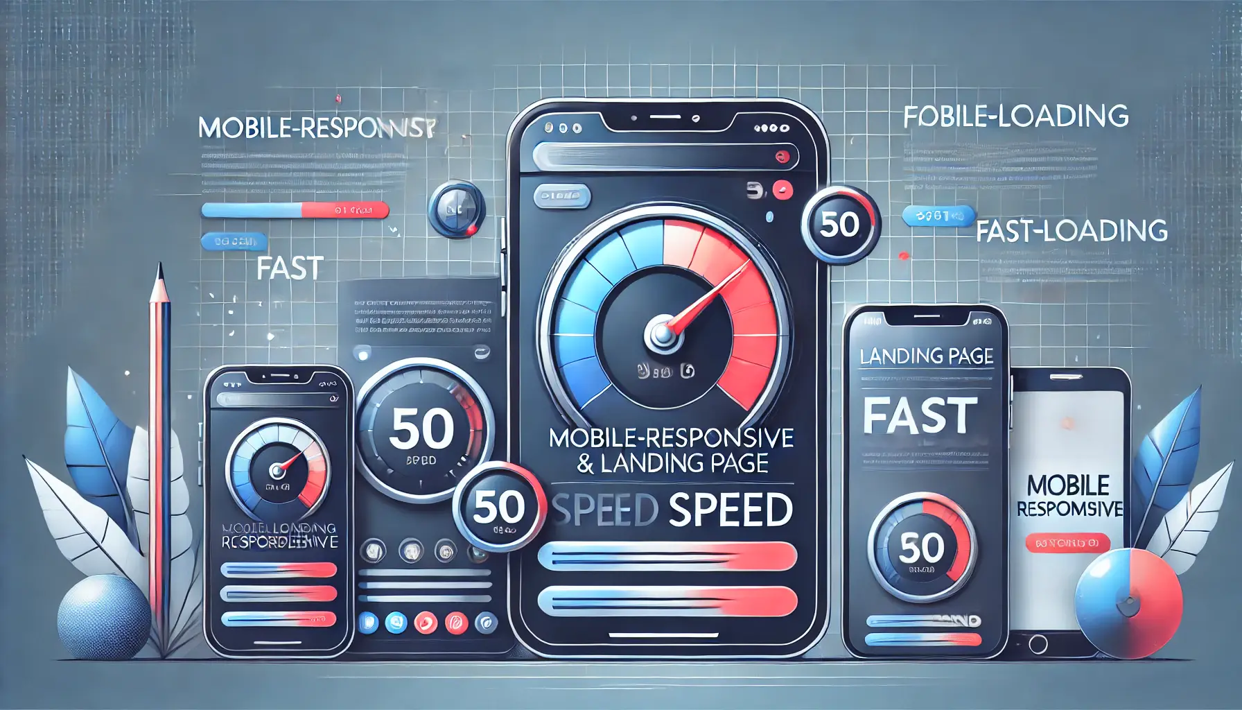 Illustration of a mobile-friendly landing page displayed on a smartphone and tablet, highlighting speed and responsiveness.