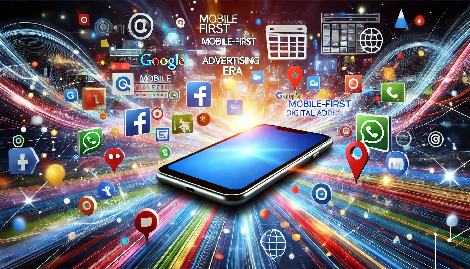 Smartphone surrounded by vibrant digital marketing icons representing mobile searches and Google Ads in the mobile-first era