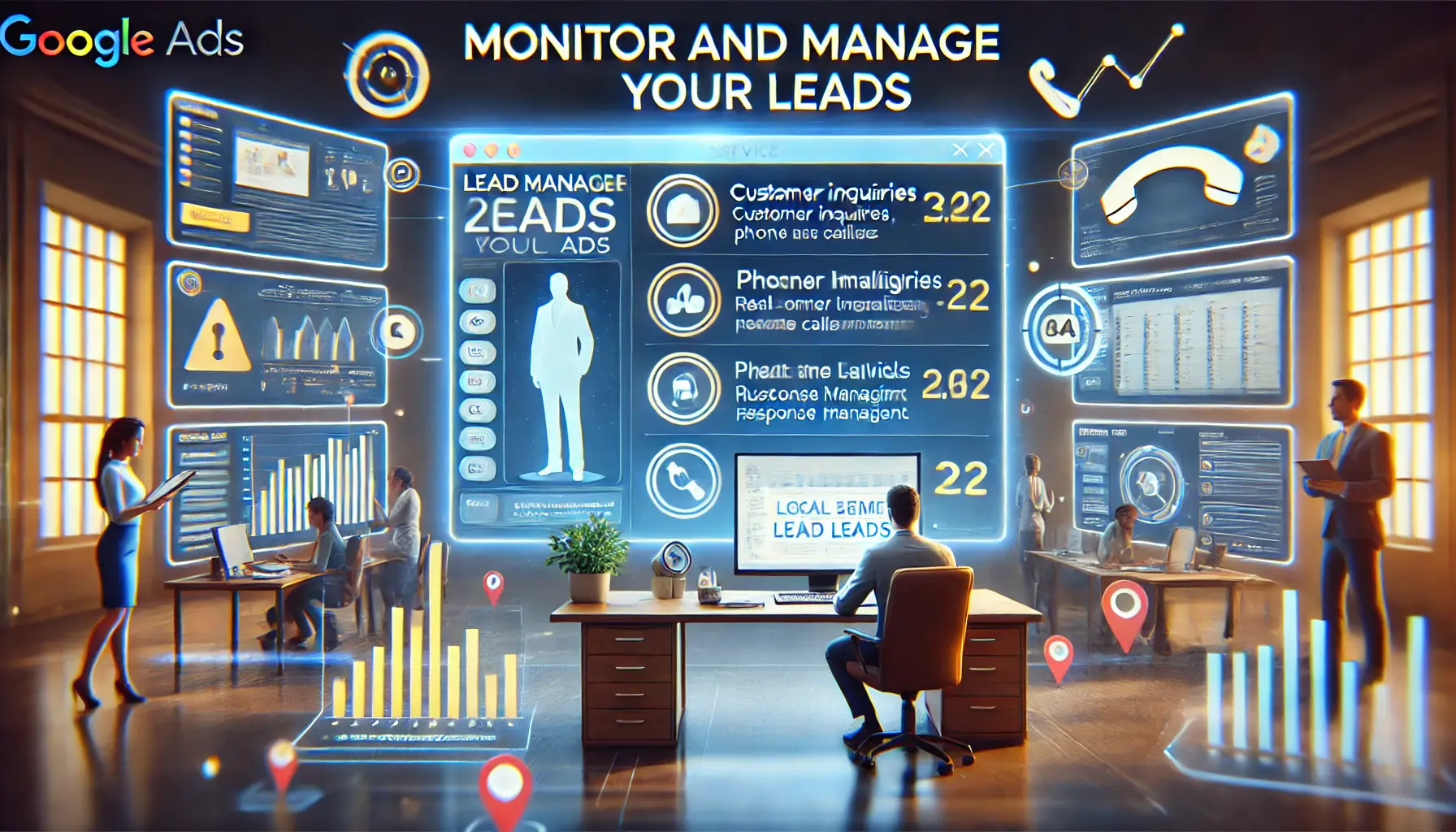 An image showing a digital dashboard with lead management tools, tracking customer inquiries and messages with graphs and notifications reflecting real-time monitoring.