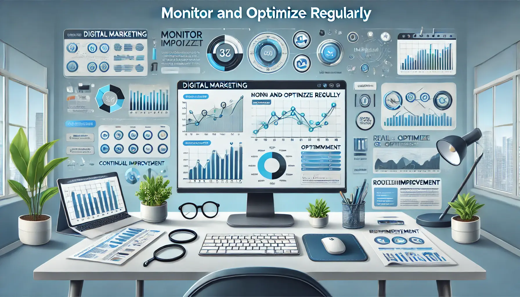 Digital marketing setup with a computer screen showing analytics dashboards, charts, and optimization tools, representing regular monitoring and optimization.