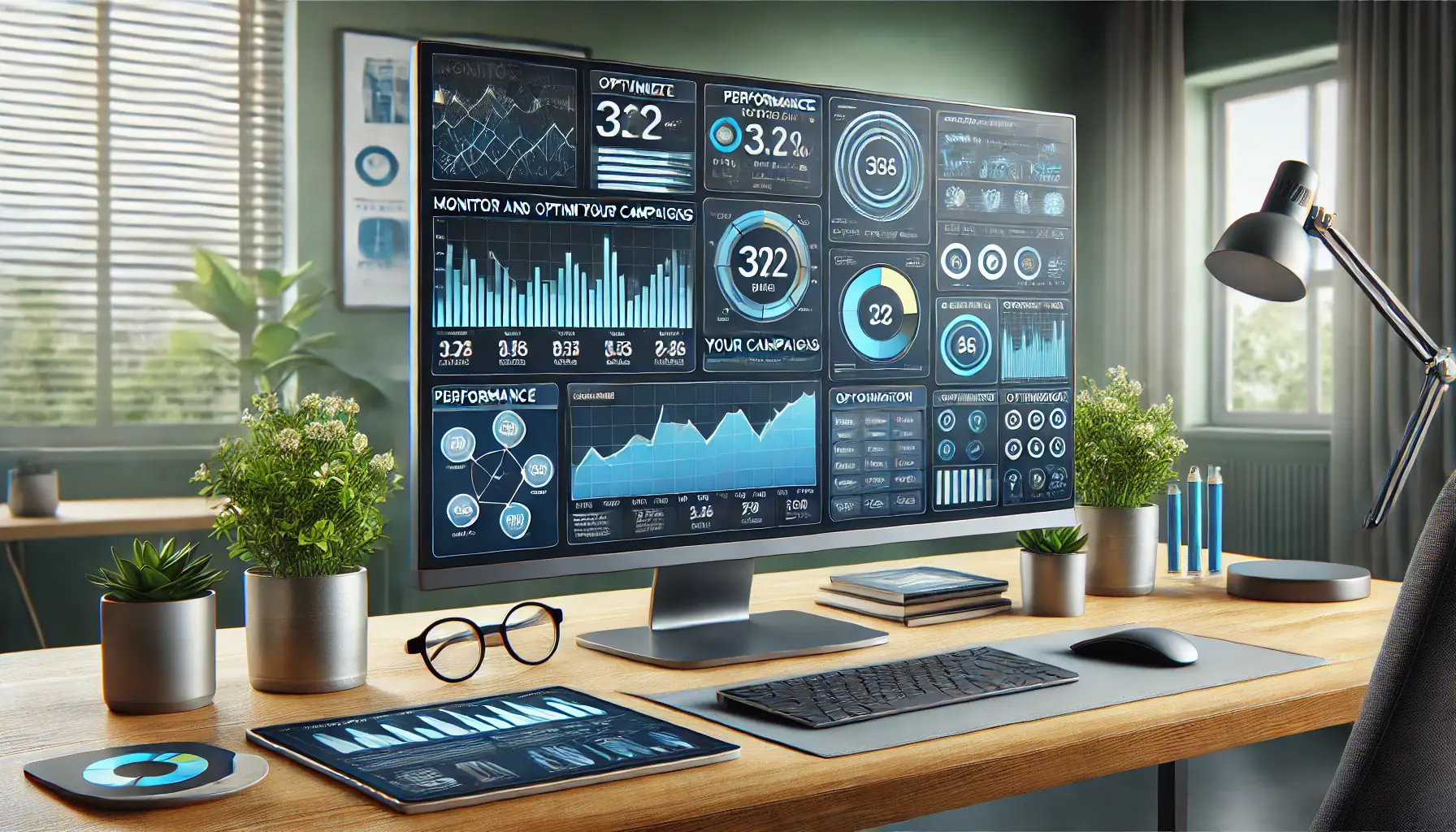 Digital marketing setup with a computer screen showing analytics dashboards and performance charts, representing campaign monitoring and optimization.