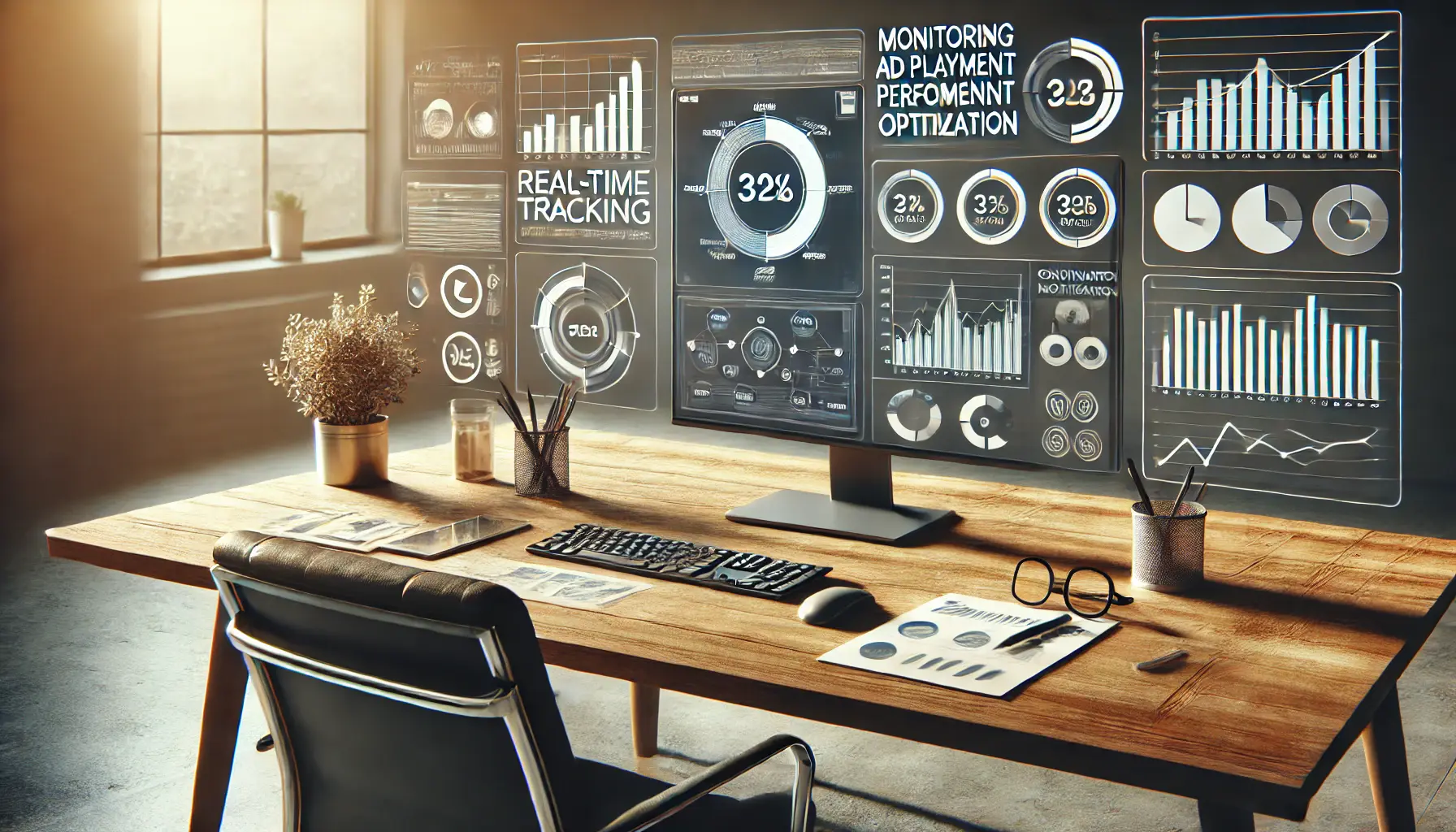 Workspace with a computer displaying analytics dashboards tracking engagement and conversion rates, surrounded by icons for real-time tracking and performance metrics.