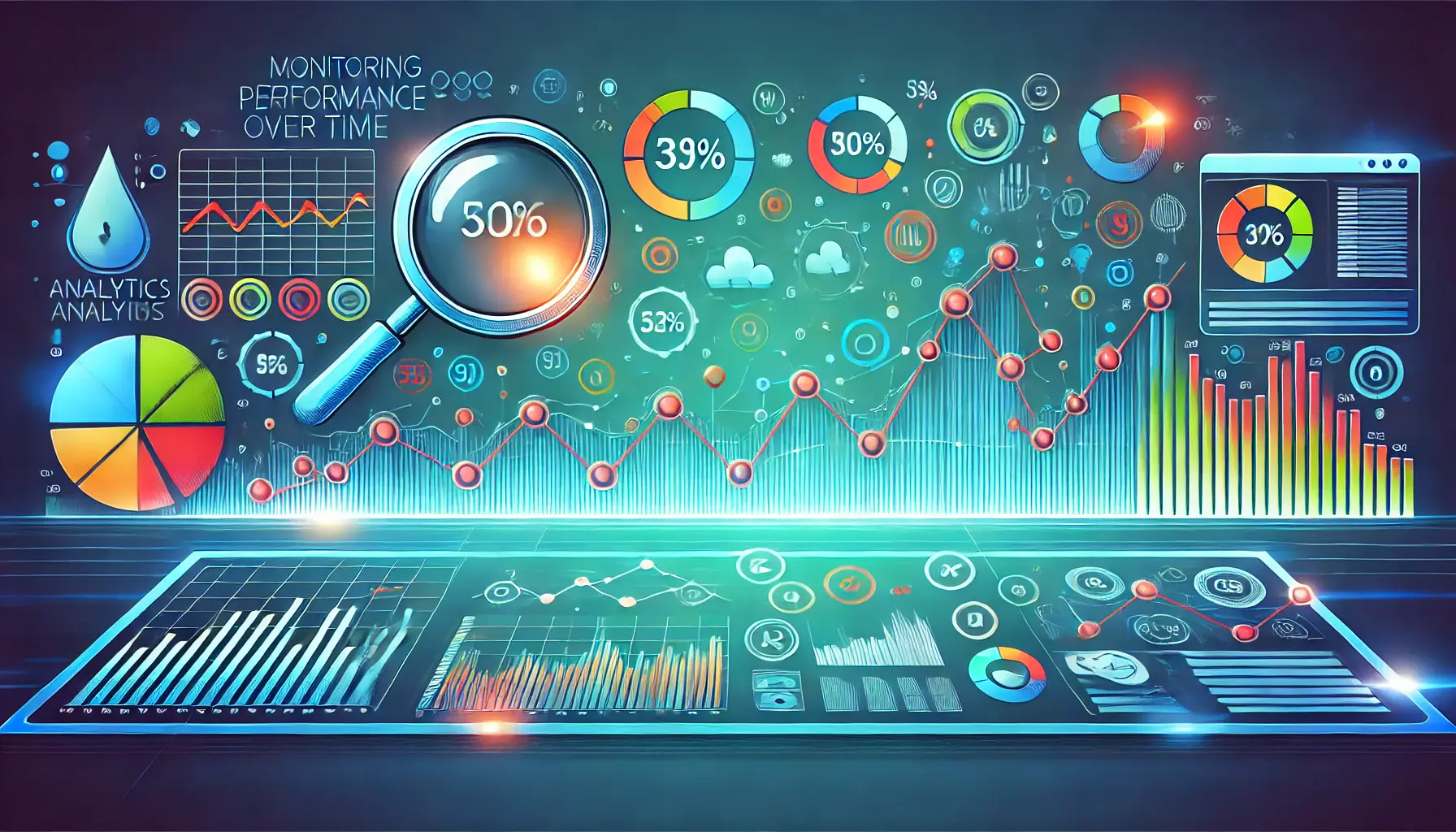 A visual representation of monitoring performance trends over time in digital marketing, showcasing line graphs and analytics.