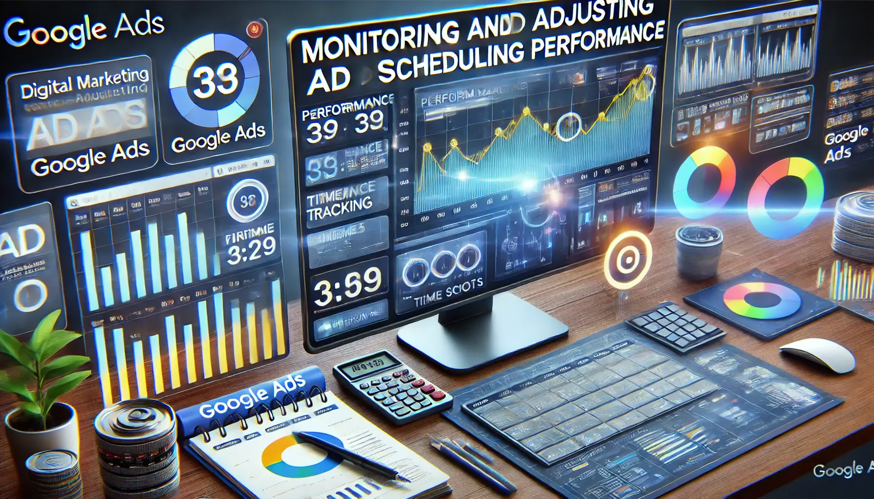 A digital marketing dashboard showing performance tracking tools, graphs, and time slots being adjusted for ad scheduling optimization.