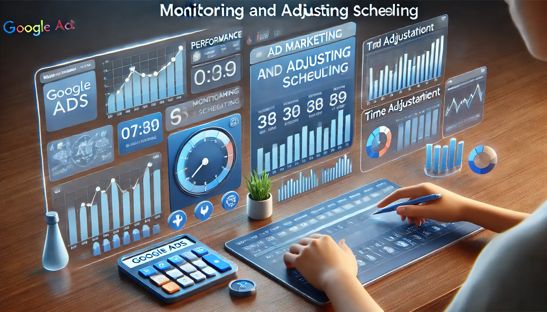 A digital marketing dashboard showing performance graphs, time adjustment tools, and analytics for tracking and adjusting ad scheduling.