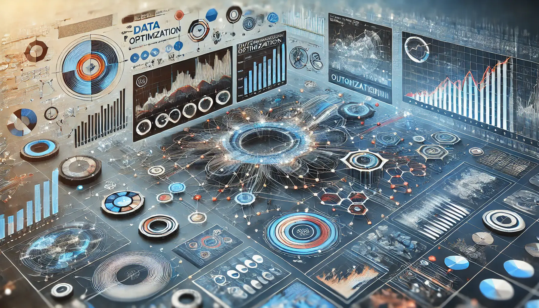 Abstract representation of monitoring and optimization with data flow lines, dashboards, and interconnected nodes symbolizing real-time adjustments