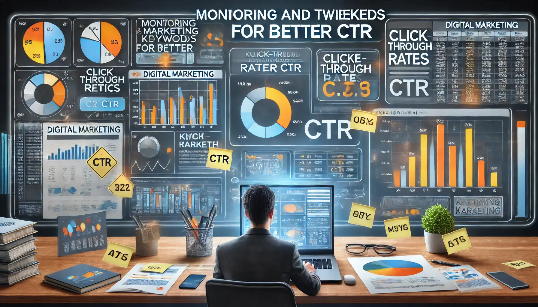 A digital marketing professional analyzing keyword performance metrics on a laptop.