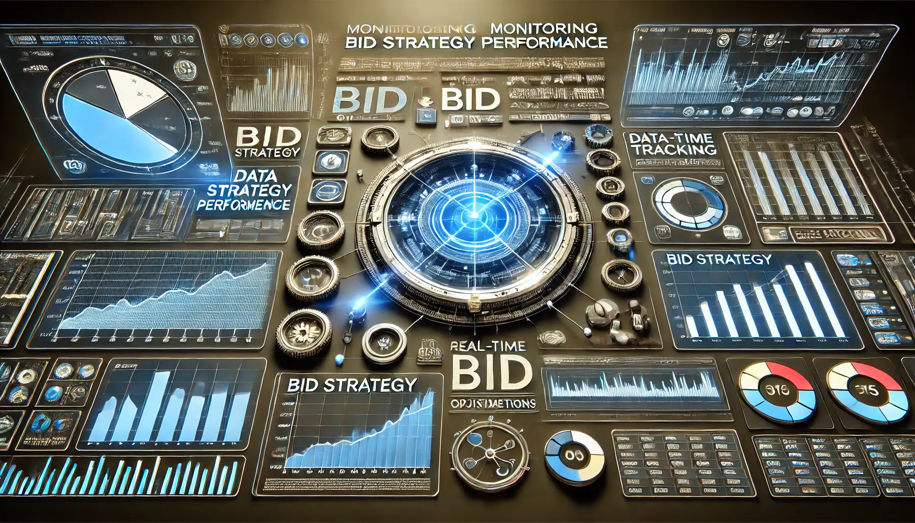 A visual representation of monitoring bid strategy performance with data analytics dashboards, performance graphs, and optimization indicators.