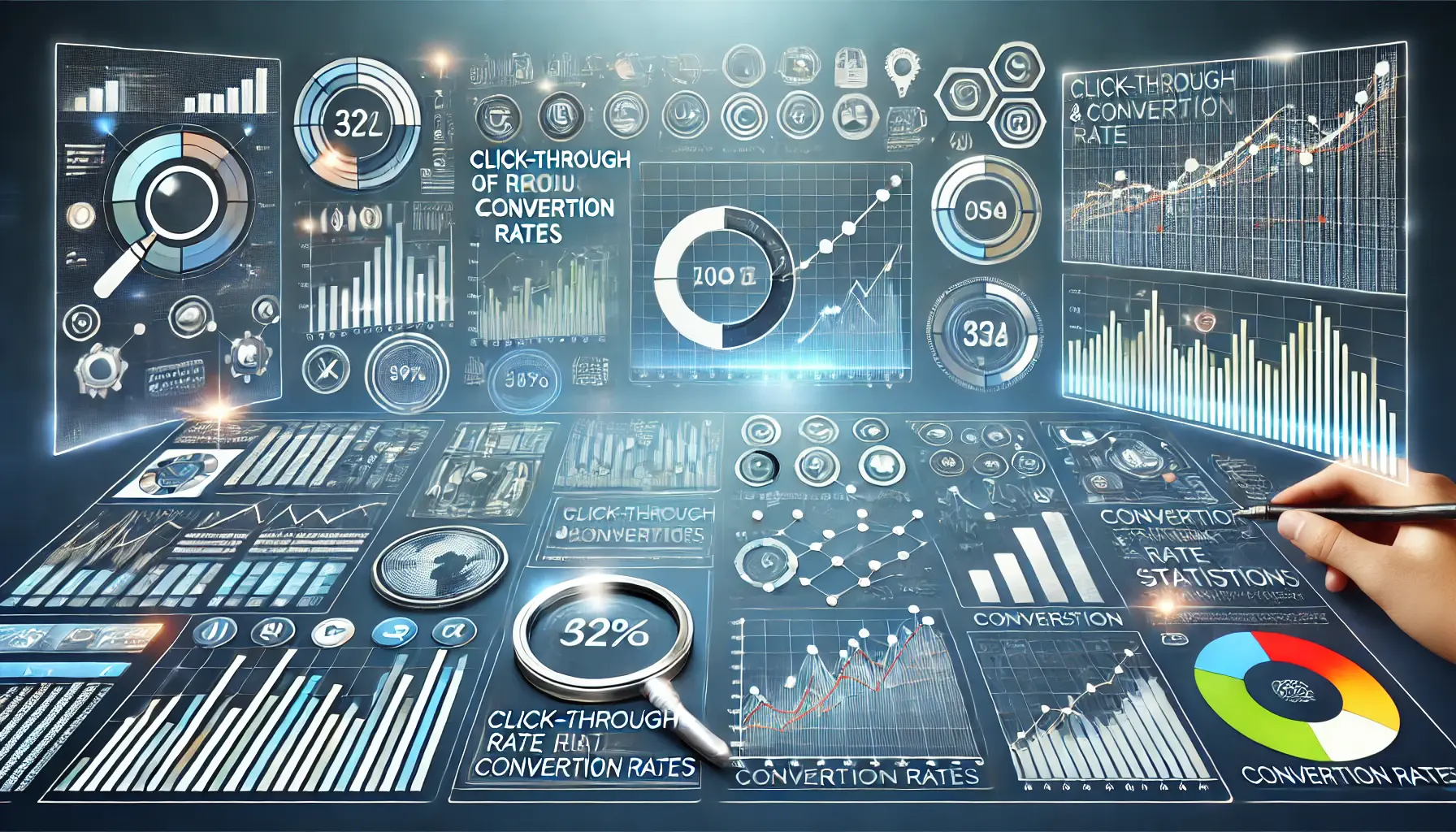 Visual representation of monitoring click-through and conversion rates featuring graphs, metrics, and dashboards