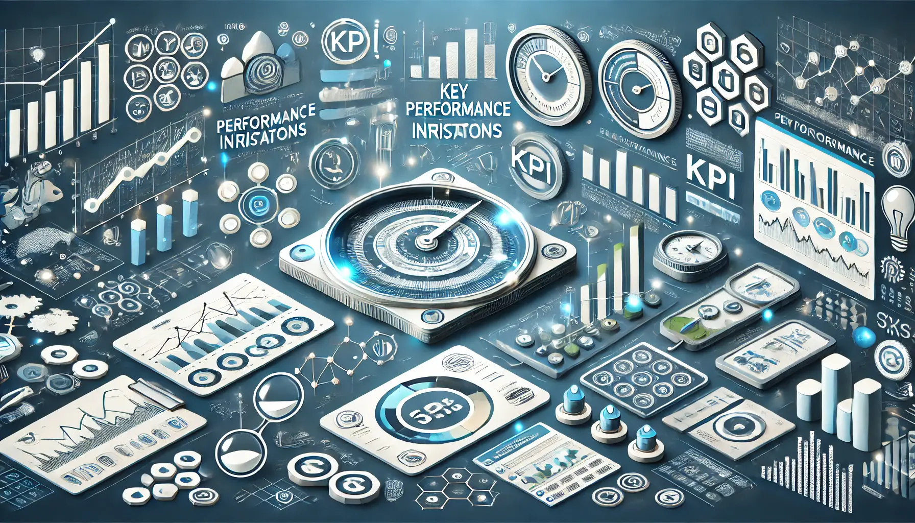 Visual representation of monitoring KPIs featuring dashboards, charts, and performance gauges