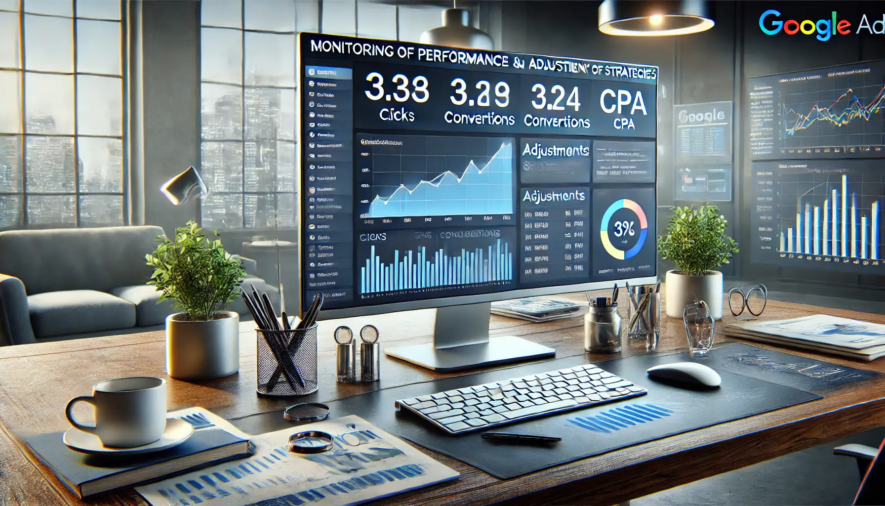 A professional workspace displaying performance metrics such as clicks, conversions, and CPA with graphs showing real-time trends and strategy adjustments.