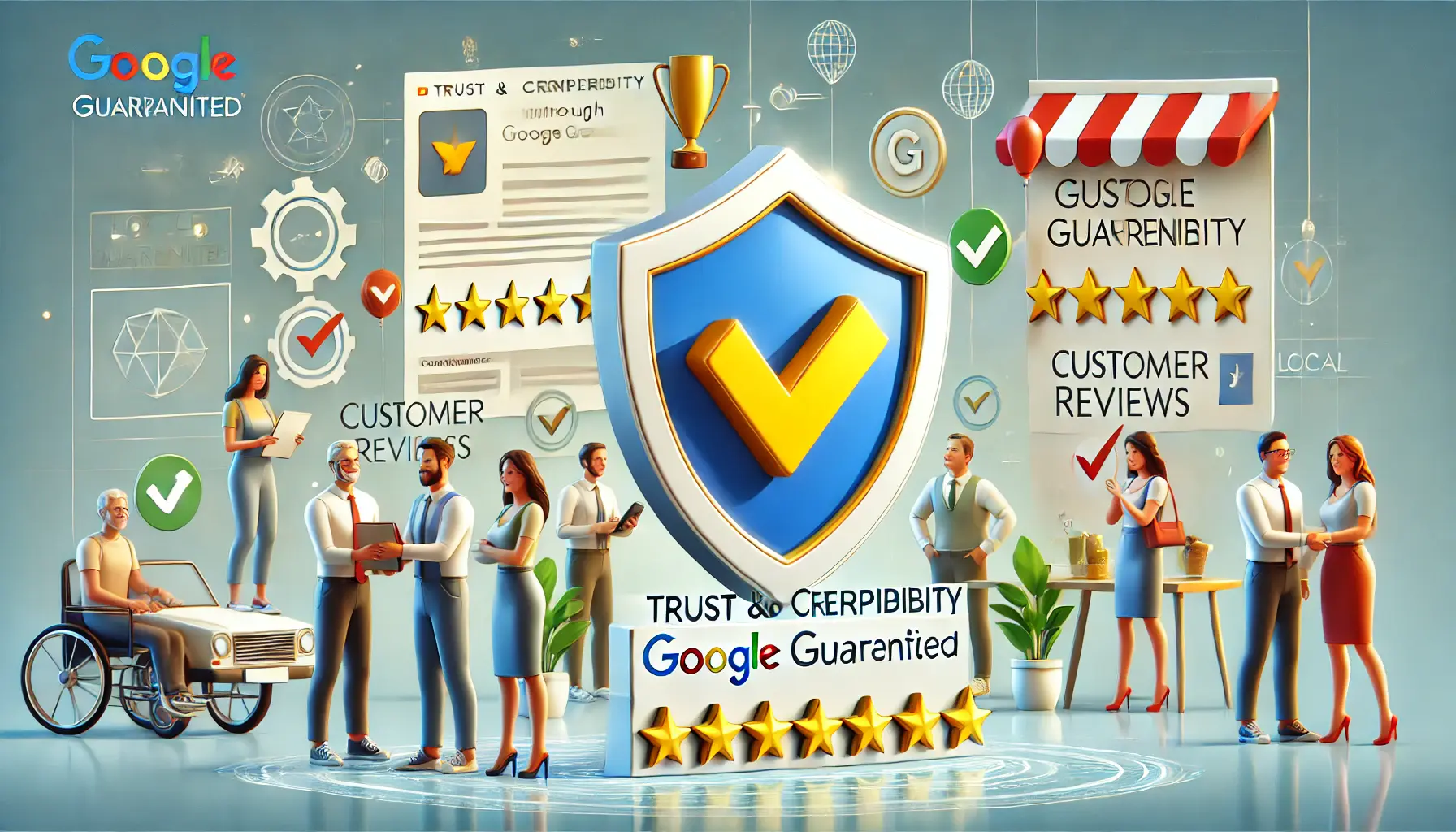 An illustration showing a business prominently displayed at the top of search results, with bright highlights symbolizing increased visibility, while other businesses are shown less prominently in the background.