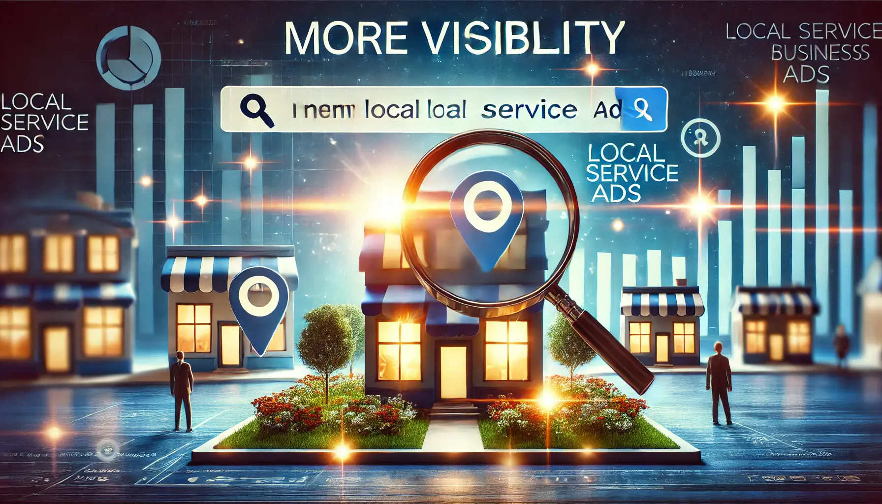 An illustration showing a business prominently displayed at the top of search results, with bright highlights symbolizing increased visibility, while other businesses are shown less prominently in the background.