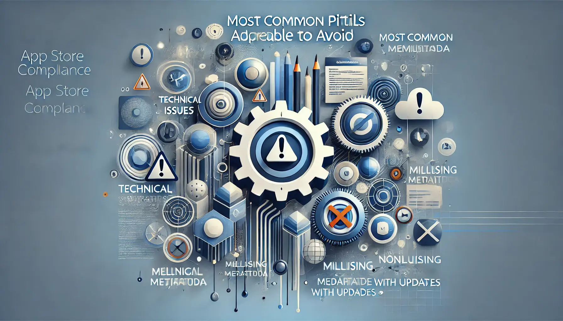 Abstract representation of common pitfalls in app store compliance, featuring symbols of technical issues and non-compliance.